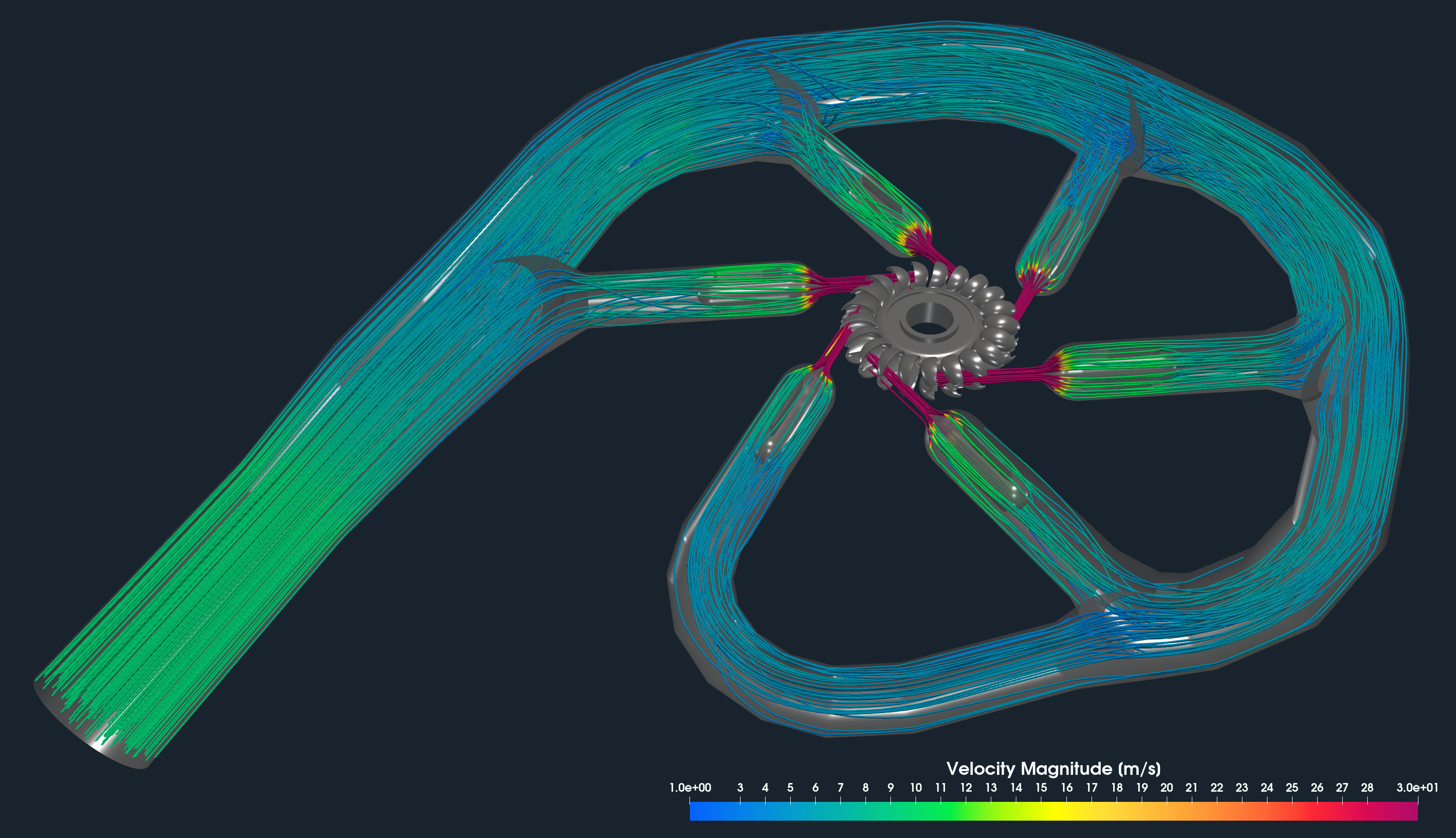 Pelton distributor model TCAE cfd streamtraces