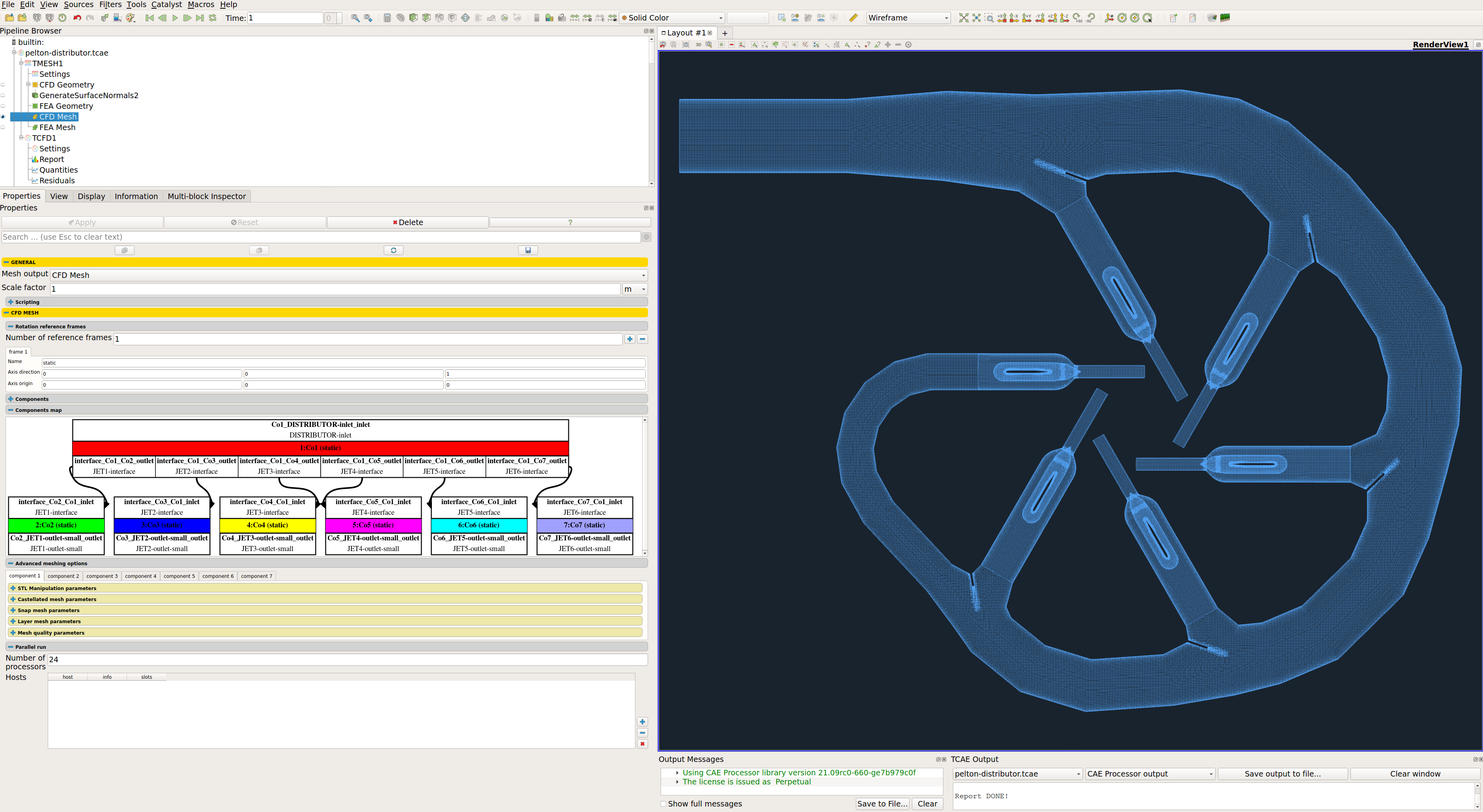 Pelton distributor model TCAE mesh settings GUI