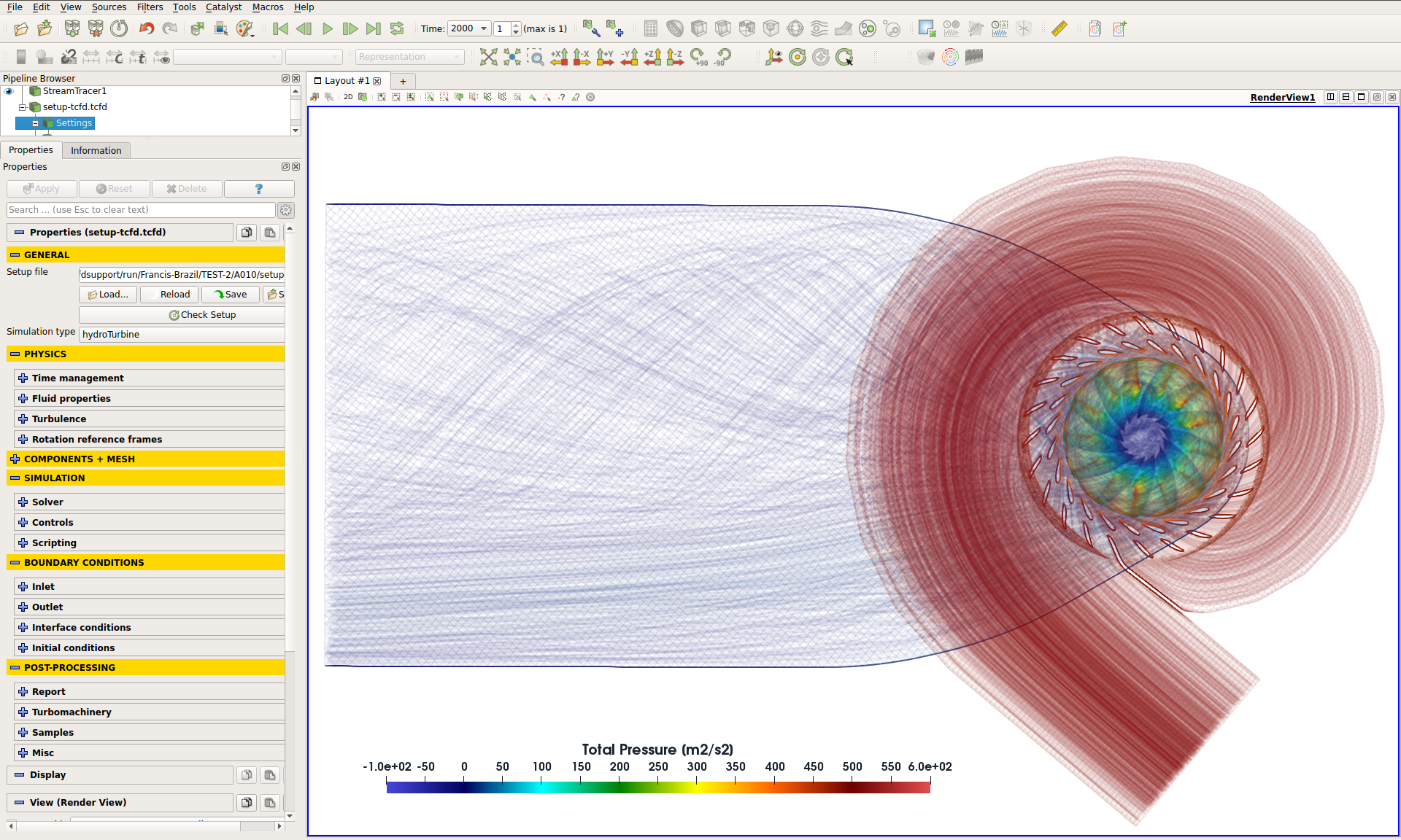 Francis Turbine Cfd Study 40 Franci Turbine TCFD Benchmark Streamtraces total pressure GUI top